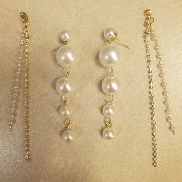 South Sea Shell Pearls & White Baguette Diamonds Earrings 18K Gold 925 Silver - Picture 2 of 5